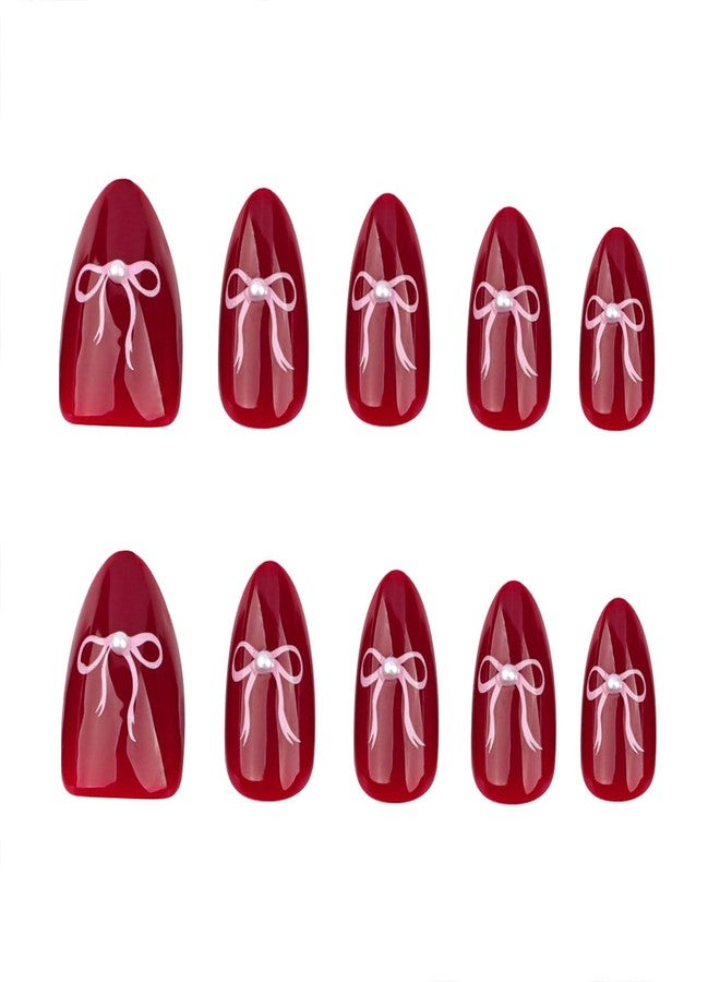 OSTTMA 24Pcs Cute Bow Press on Nails Almond Medium Fake Nails Wine Red Bow Nail Art Designs 3D Pearl Acrylic False Nail Full Cover Shiny Glue on Nails for Women Manicure Accessories - Image 3